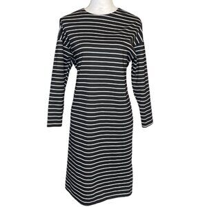 Women's Black Striped Long Sleeve Midi Dress Size Large Back Zipper Crew Neck